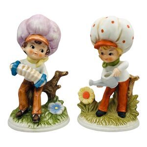 Pair VTG Kelvins Bisque Figurines Boy Watering Can Accordion Holly Hobbie Kitsch